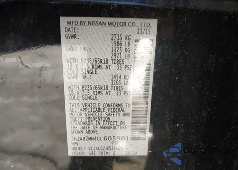 2016 Nissan Pathfinder Sl from USA, damaged, VIN 5N1AR2MN4GC605901